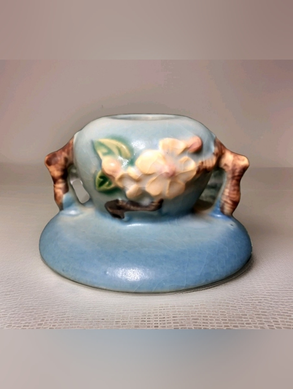 Vintage Roseville Pottery Blue Apple Blossom Candle Stick Holder # 351
